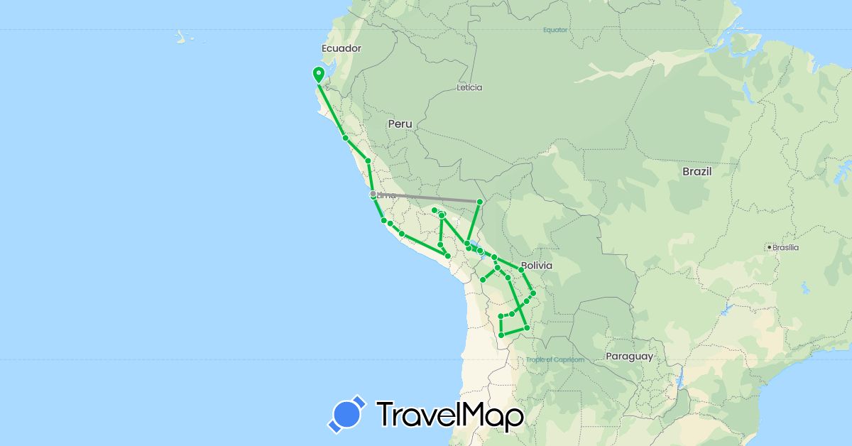 TravelMap itinerary: driving, bus, plane in Bolivia, Peru (South America)
